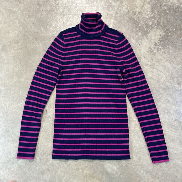 Ralph Lauren‎ Sweater Womens Medium Turtleneck Striped Cotton Blue pink - Picture 1 of 8